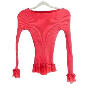 Y2K Tracy M Ribbed Slinky Fitted Ruffle Edge Long Sleeve Medium